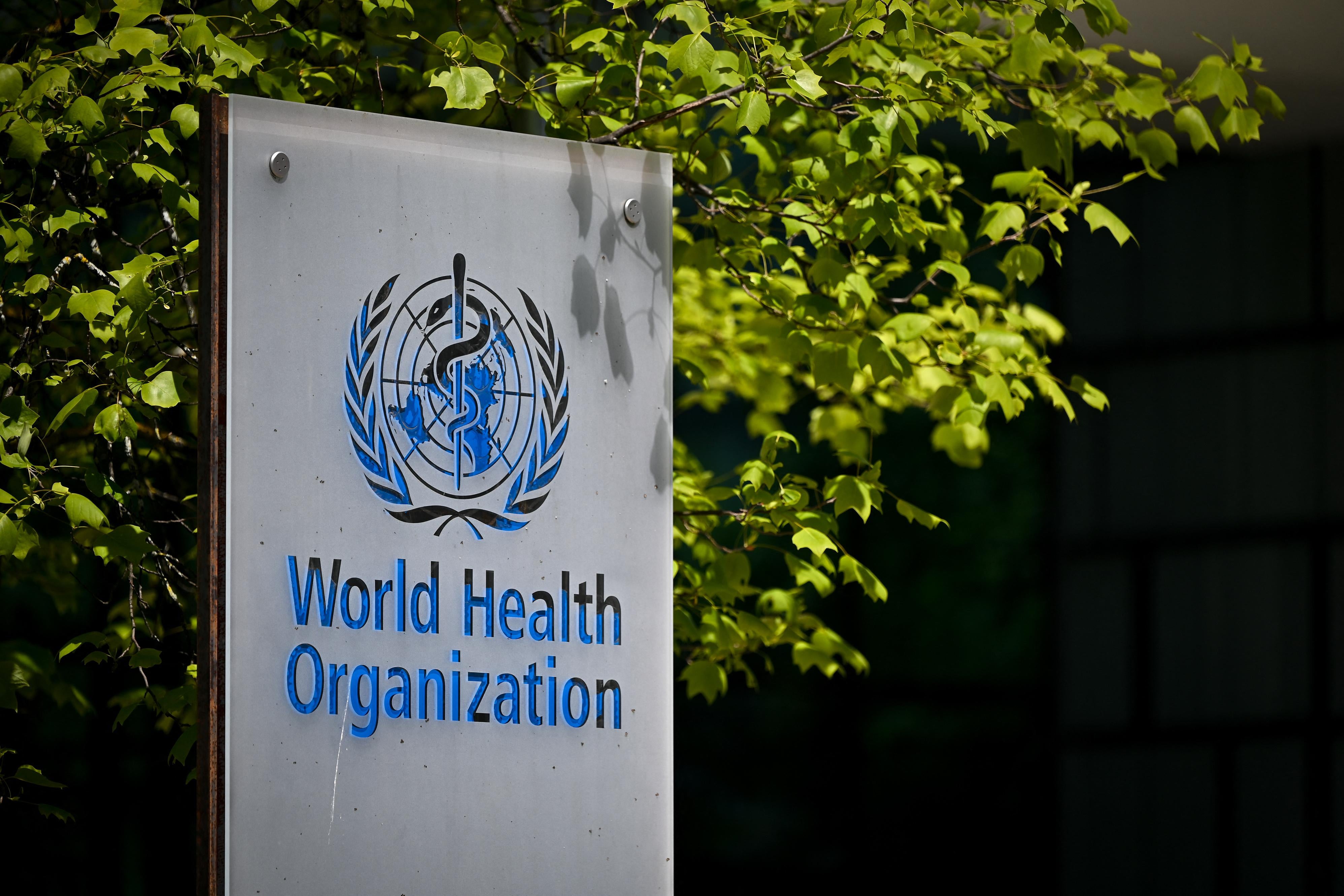 A World Health Organization sign in front of a tree outside a building