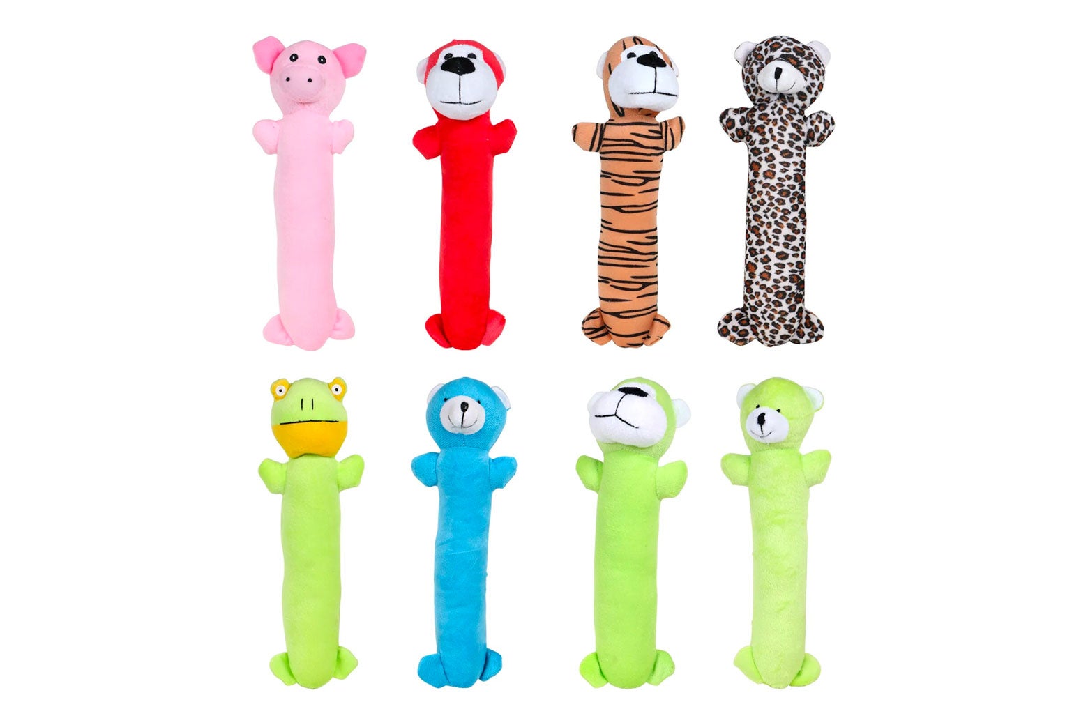 Eight brightly colored, animal-shaped dog toys.