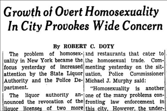 A headline reads "Growth of Over Homosexuality In City Provokes Wide Concern."