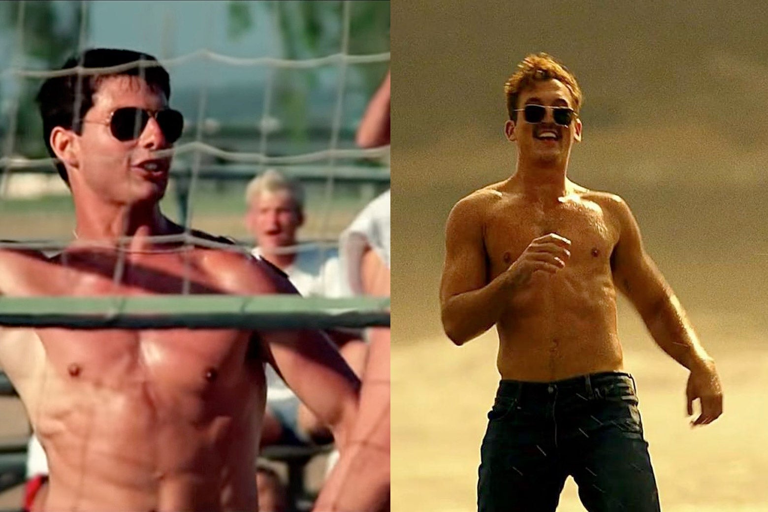 Side-by-side photos of the beach volleyball scenes from Top Gun and its sequel, featuring Tom Cruise, on the left, looking buff in aviators, and Miles Teller, looking buff in aviators, on the right