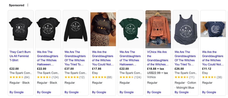 A row of t-shirts all with variations of "We are the granddaughters of the witches they couldn't burn" on them