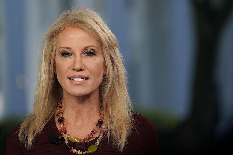 A photo of Kellyanne Conway wearing a microphone, in what appears to be a television appearance.