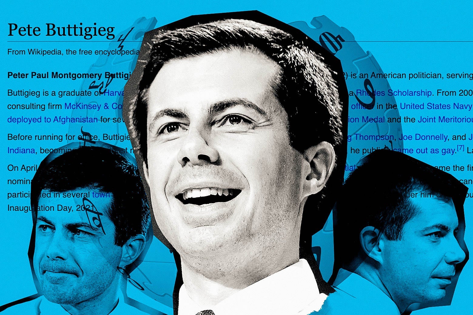 Various Pete Buttigieg faces collaged over his Wikipedia page.
