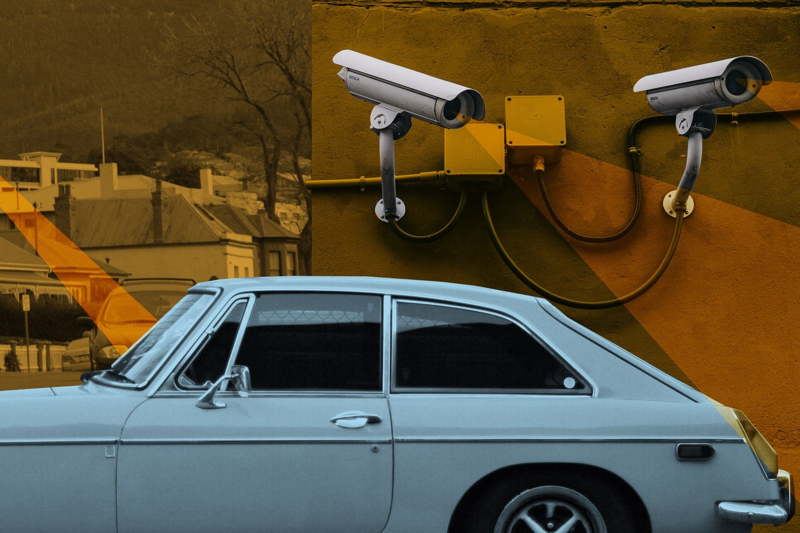 Photo illustration of a street with surveillance cameras. 