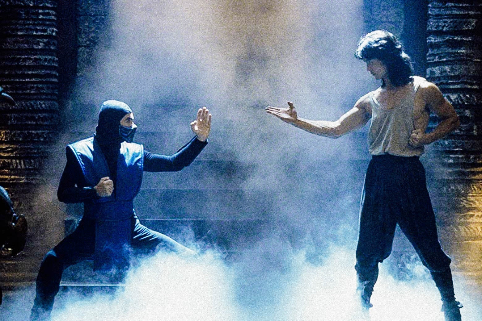 Sub-Zero and Liu Kang face off with fog flowing dramatically around them