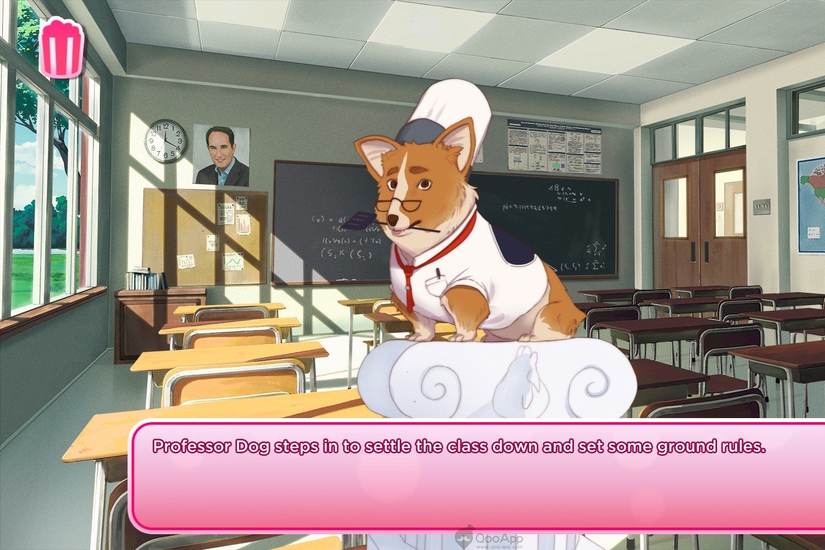 A cartoon dog, dressed as a chef, holds a spatula in his mouth while standing on a pedestal in a classroom. The caption reads: "Professor Dog steps in to settle the class down and set some ground rules."