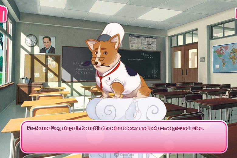 A cartoon dog, dressed as a chef, holds a spatula in his mouth while standing on a pedestal in a classroom. The caption reads: "Professor Dog steps in to settle the class down and set some ground rules."