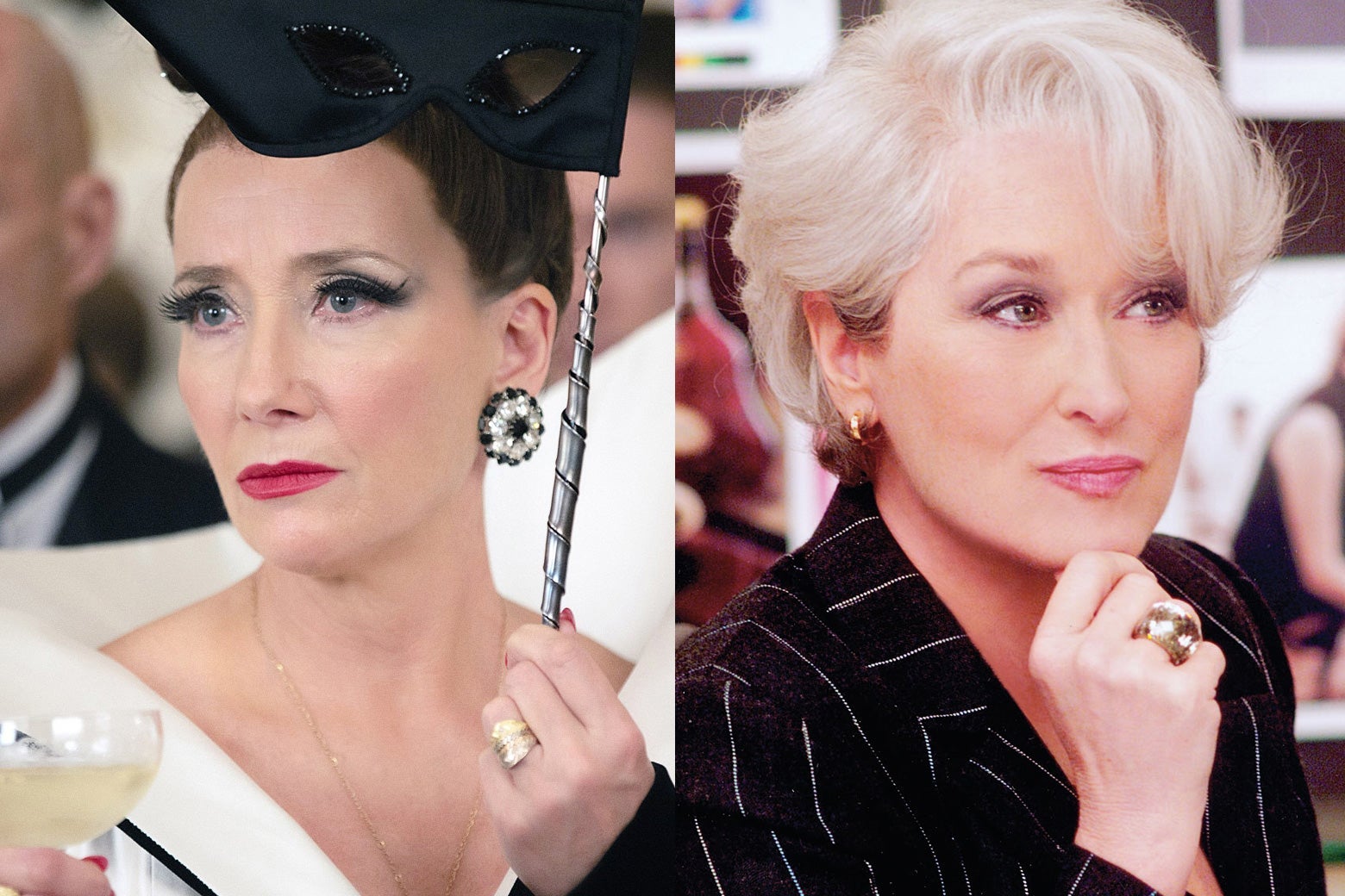 Emma Thompson in Cruella and Meryl Streep in The Devil Wears Prada.