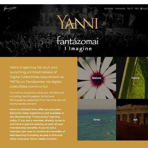 Text over a Yanni concert image. Below there are images of a flower with the word nature on it, a leaf with the word focus, a body of water with the word time, and Grecian architecture with the word art.