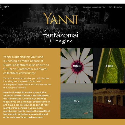 Text over a Yanni concert image. Below there are images of a flower with the word nature on it, a leaf with the word focus, a body of water with the word time, and Grecian architecture with the word art.
