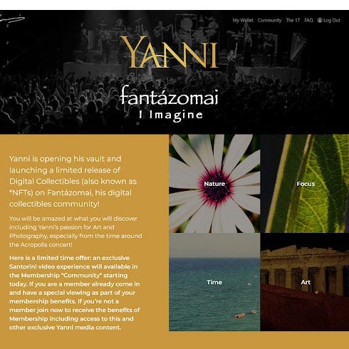Texto sobre la imagen de un concierto de Yanni. Debajo hay imágenes de una flor con la palabra naturaleza, una hoja con la palabra foco, un cuerpo de agua con la palabra tiempo y arquitectura griega con la palabra arte.