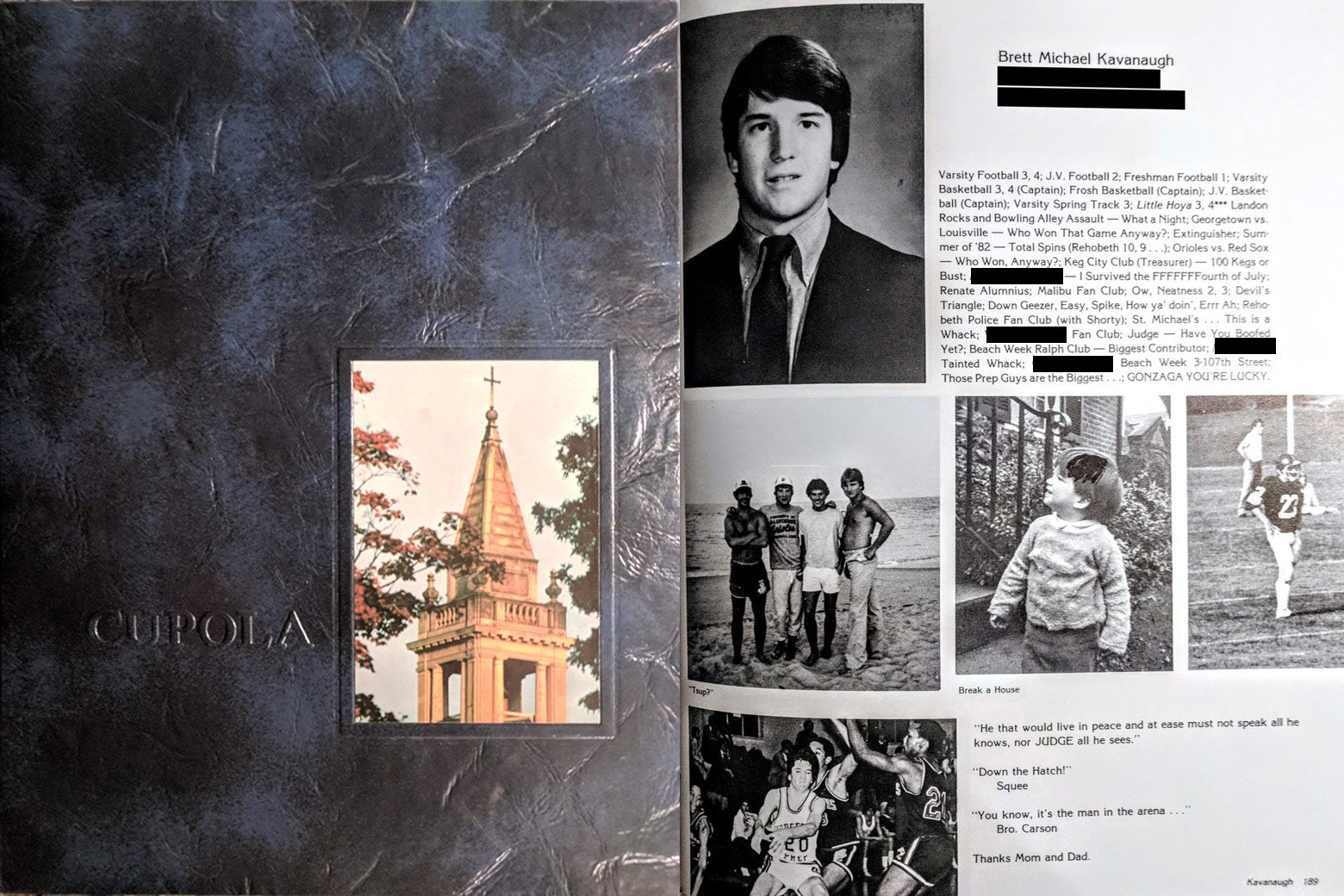 Side by side: a yearbook cover with "Cupola" on top and Brett Kavanaugh's yearbook page.