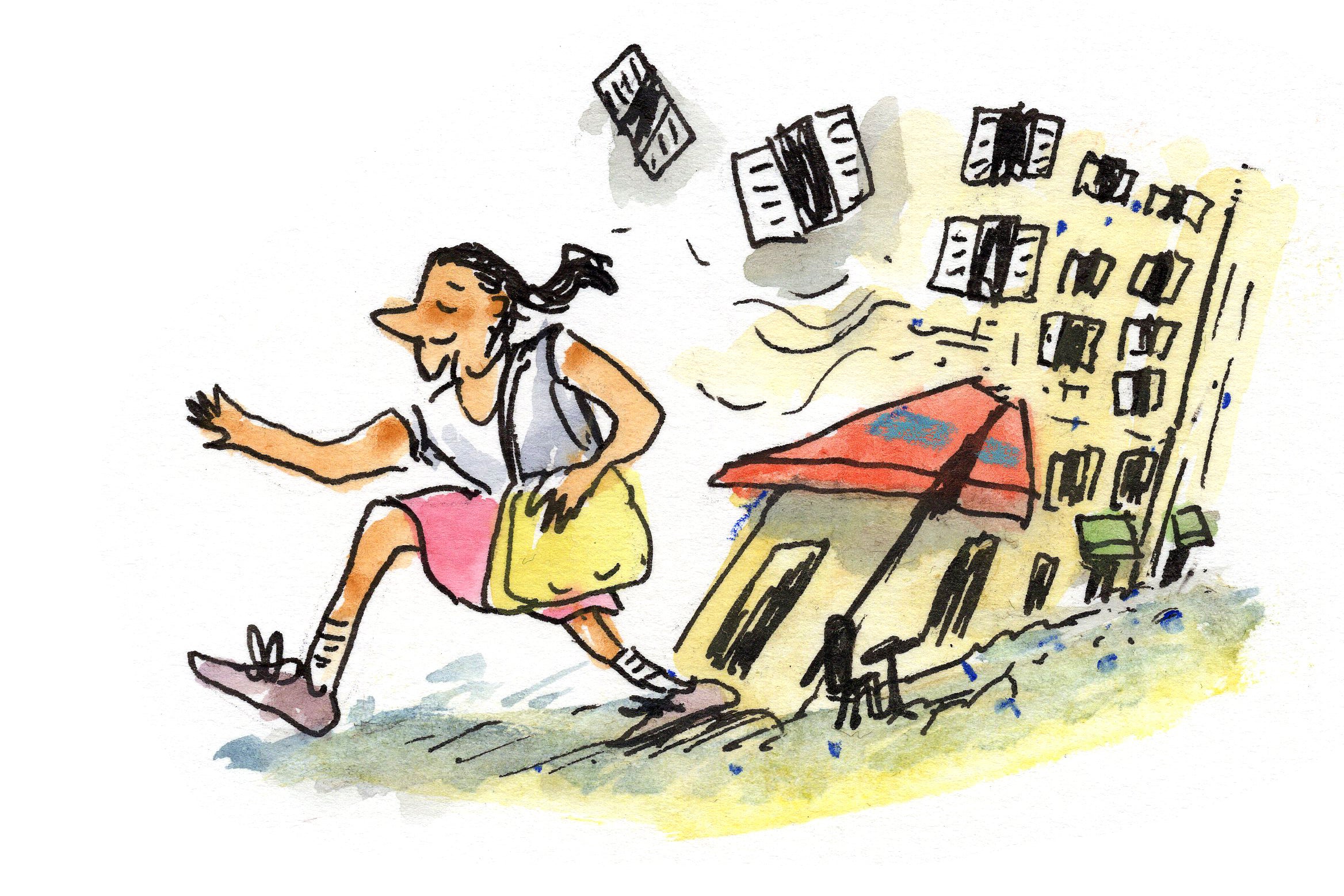 An illustration of a tourist running down a street in Paris.