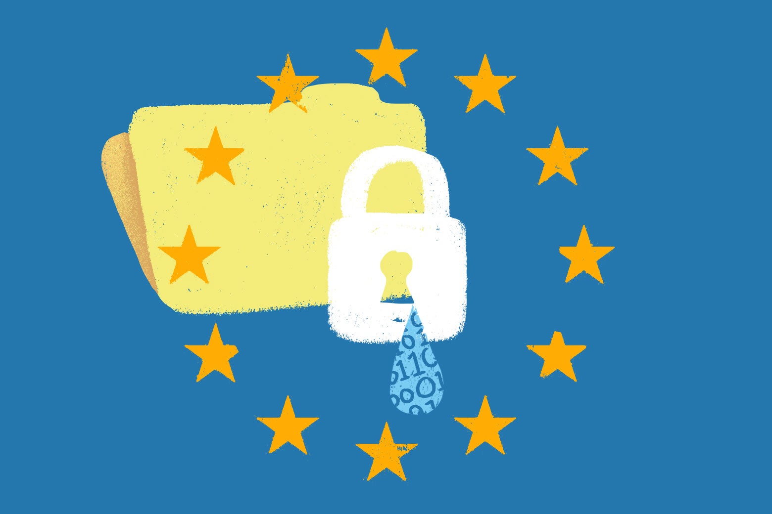 GDPR flag with file behind it leaking data in 0s and 1s. 