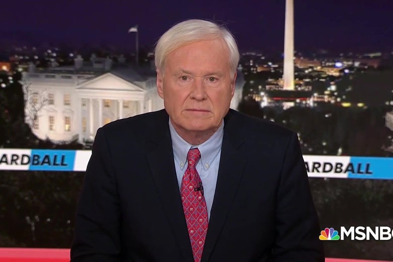 Chris Matthews sits at the Hardball anchor desk, in front of an image of the White House.