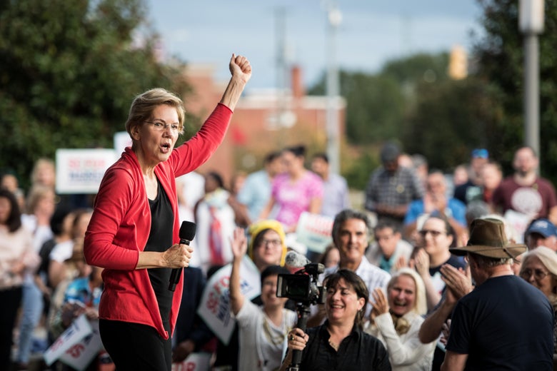 FLORENCE, SC - OCTOBER 26: Democratic presidential candidate, Sen. Elizabeth Warren (D-MA) addresses a crowd outside of the Francis Marion Performing Arts Center October 26, 2019 in Florence, South Carolina. Many presidential hopefuls campaigned in the early primary state over the weekend, scheduling stops around a criminal justice forum in the state capital. (Photo by Sean Rayford/Getty Images)