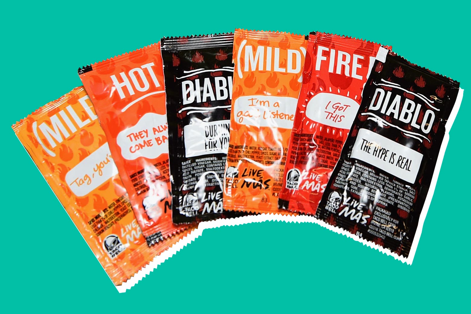 IRVINE, CA - SEPTEMBER 12: Taco Bell's iconic sauce packets. (Photo by Joshua Blanchard/Getty Images for Taco Bell)