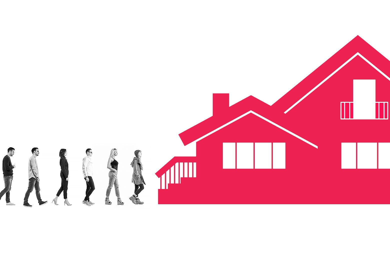 A line of people walking single file up to an illustrated house