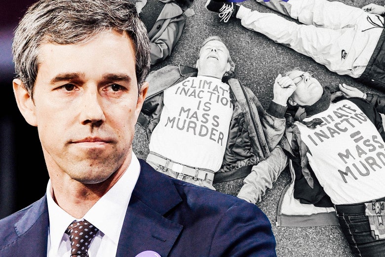 Photo illustration of Beto O'Rourke juxtaposed with climate protesters wearing shirts that say "Climate Inaction Is Mass Murder."