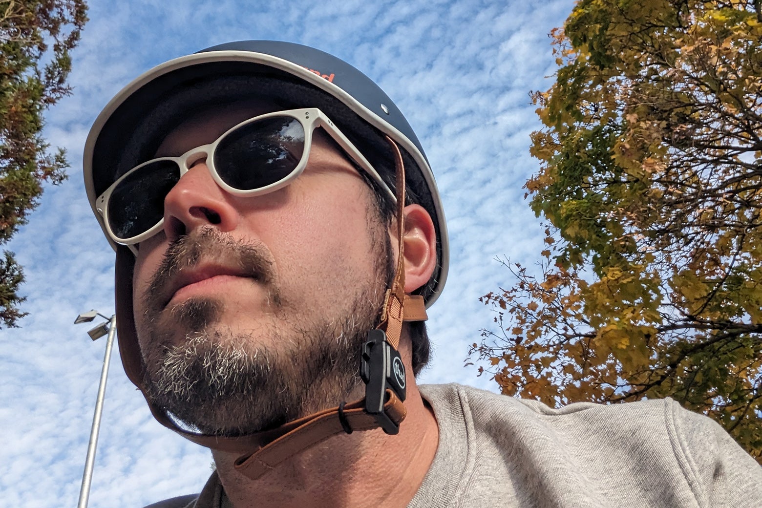 A selfie of the author in a bike helmet and sunglasses.