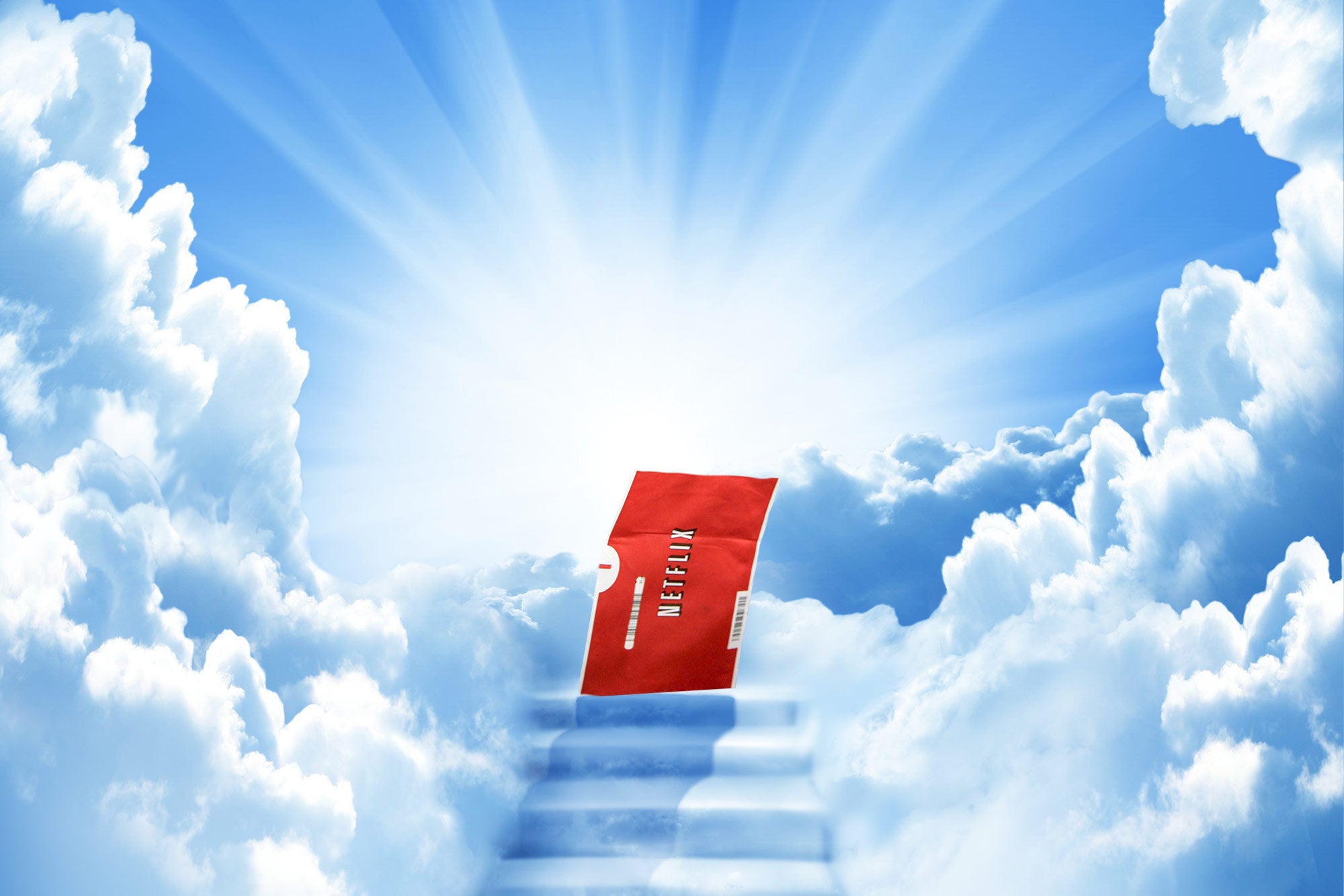 A red Netflix disc envelope climbs the brightly illuminated stairs through the clouds to heaven. 