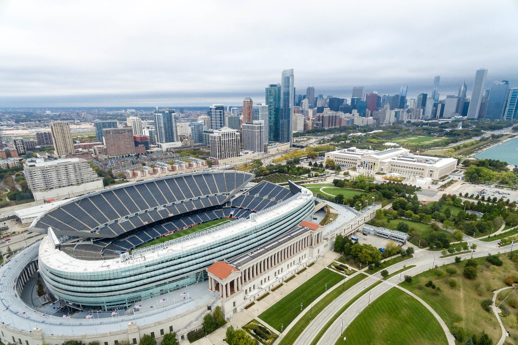 An aerial photo of Soldier Field in Chicago. 