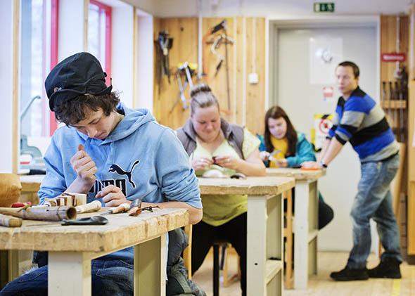High school students at Bokenskolan in Jokkmokk, Sweden, participate in a woodwork and handicraft class as part of an upper-secondary program on Nov. 6, 2013.