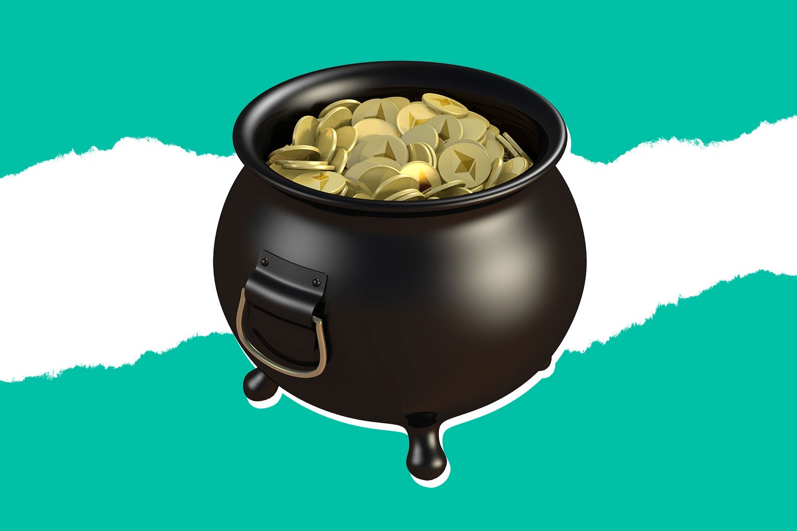 A pot of gold pieces bearing the Ethereum logo.