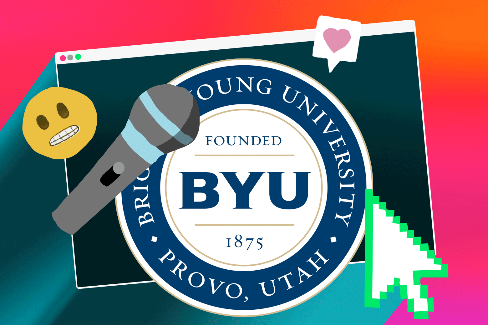The Brigham Young University logo surrounded by a microphone.