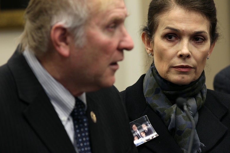 WASHINGTON, DC - MARCH 01: U.S. Rep. Steve Chabot (R-OH) (L) speaks as Victoria Cummock (R), widow of Pan Am 103 victim John Cummock, listens during a news conference March 1, 2011 on Capitol Hill in Washington, DC. The news conference was to focus on the developments in Libya and to call on securing information on the role played by Muammar Gaddafi and other regime officials in attacks against Western targets in the 1980s and 1990s. (Photo by Alex Wong/Getty Images)