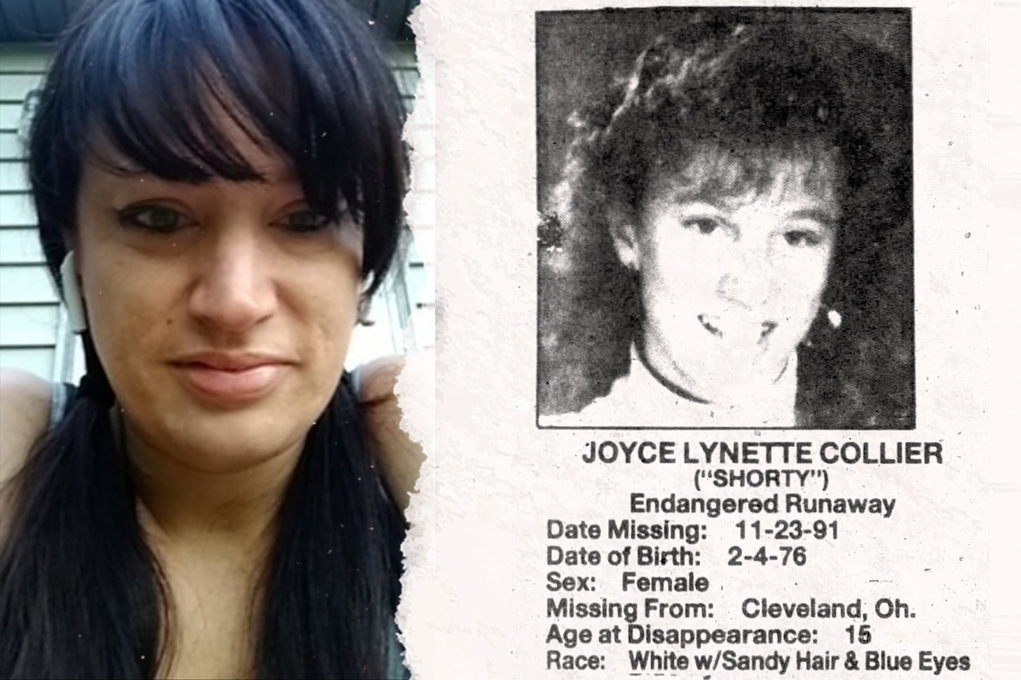 A side-by-side of present-day Joyce Collier, and a "missing child" notice of Joyce from 1991.