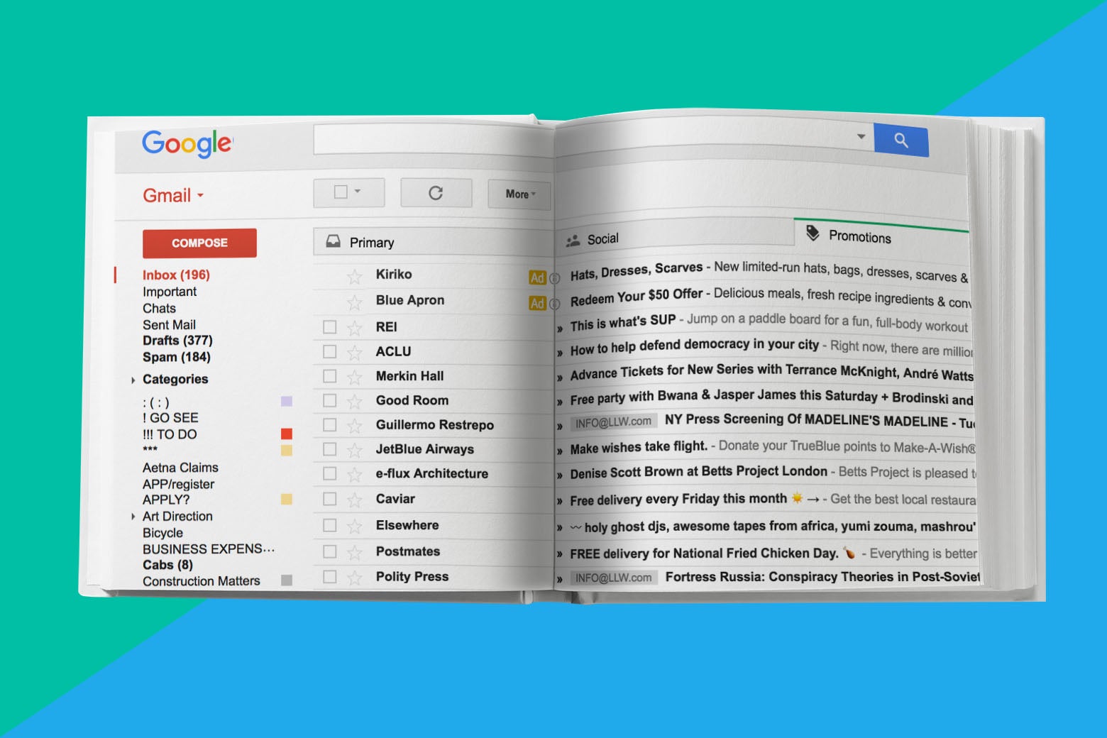 A Gmail inbox presented like an open book.
