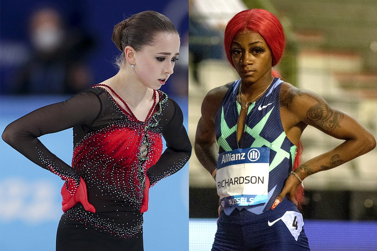 Diptych of Kamila Valieva on ice and Sha’Carri Richardson on a track, both standing with their hands on their hips