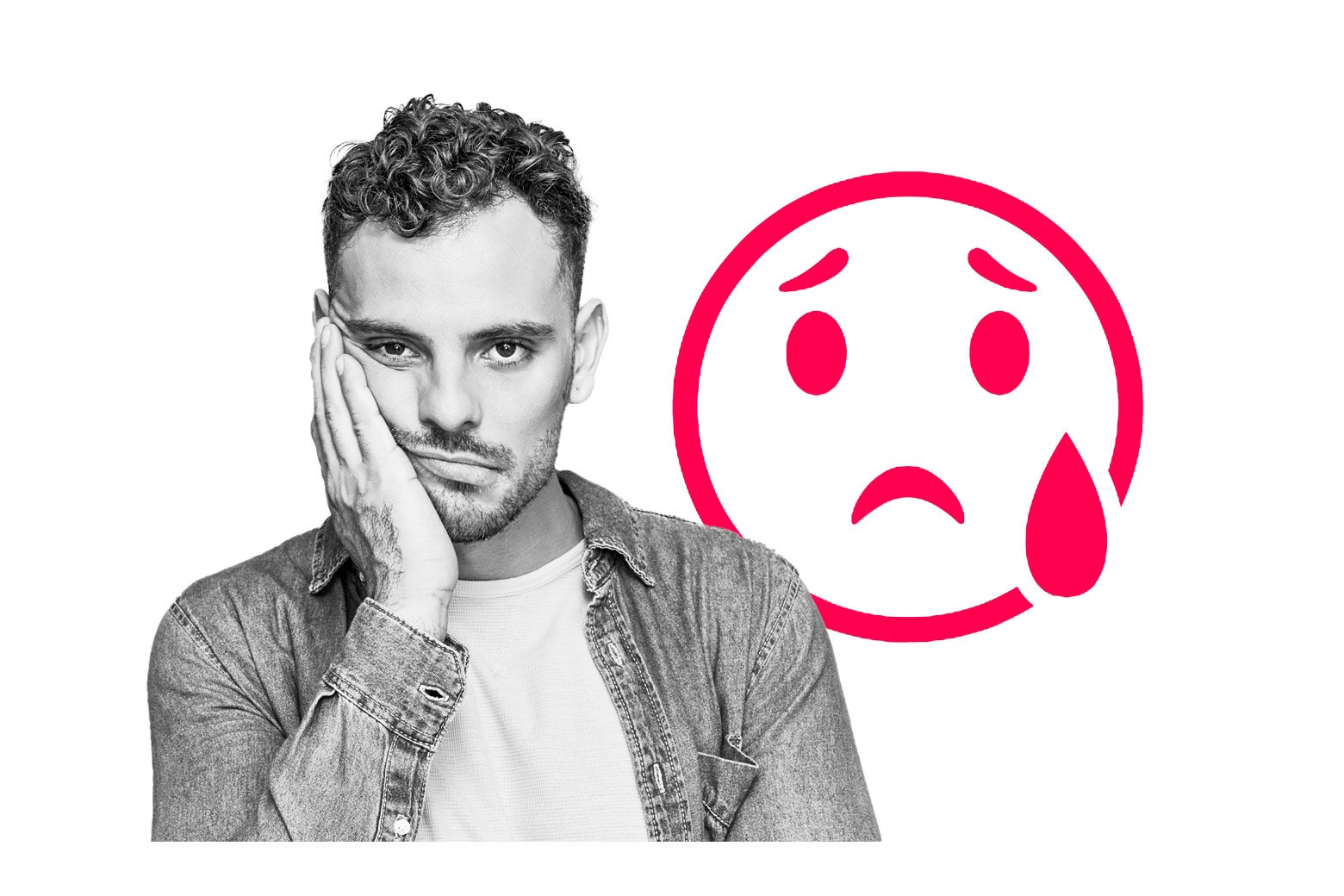 A young man looks frustrated next to a crying face emoji.