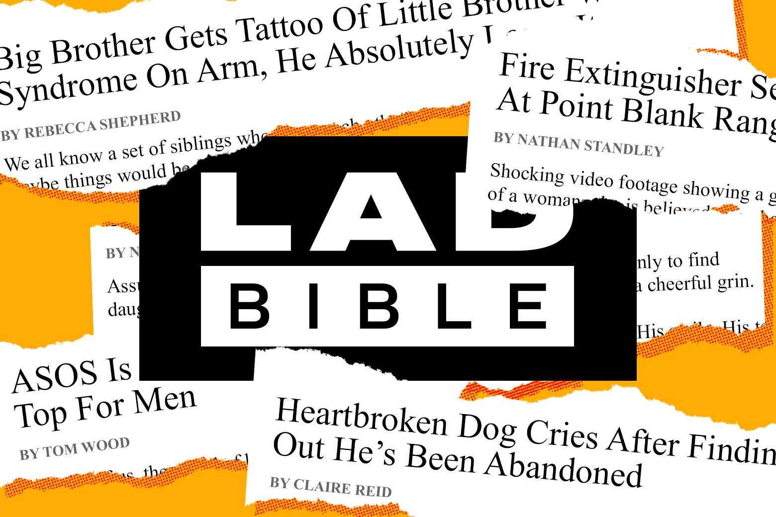 LADbible logo surrounded by newspaper-like clippings of tales from the website.
