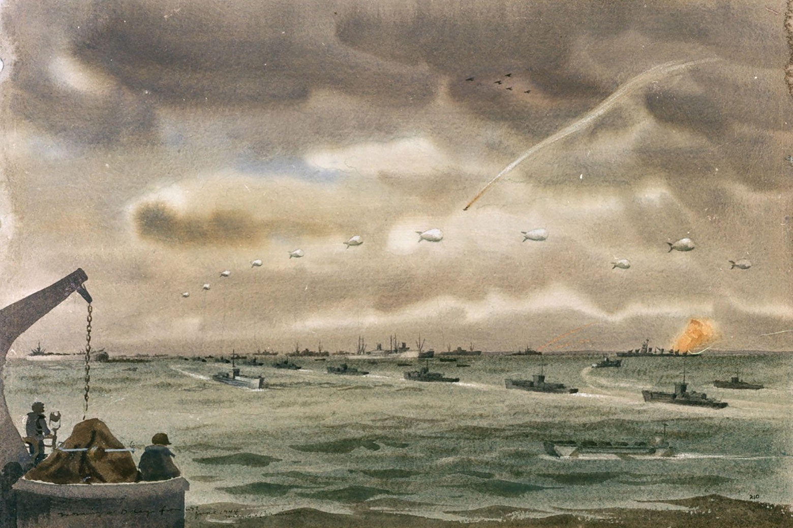 Description by the artist: "Coordination is an important part of the invasion. As the LCTs move in formation to execute a turn to head towards the coast with their assault troops, the transports and LSTs are seen in the distance. Overhead a P-38 Lightning used as a fighter and bomber aircraft during the invasion has just been hit, trailing a stream of white smoke and flame with a cruiser and destroyer to right, bombing objectives ashore."