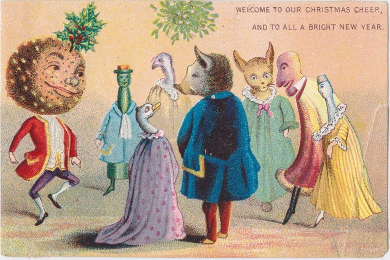 Illustration of anthropomorphized animals and wine bottles in finery at a party
