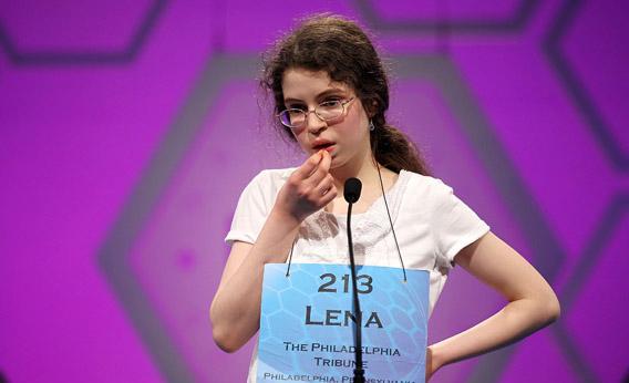 Spelling Bee contestant Lena Greenberg of Philadelphia tries to spell her word during Round 6 of the 84th annual Scripps National Spelling Bee competition May 31, 2012, at the Gaylord National Resort and Convention Center in National Harbor, Md.