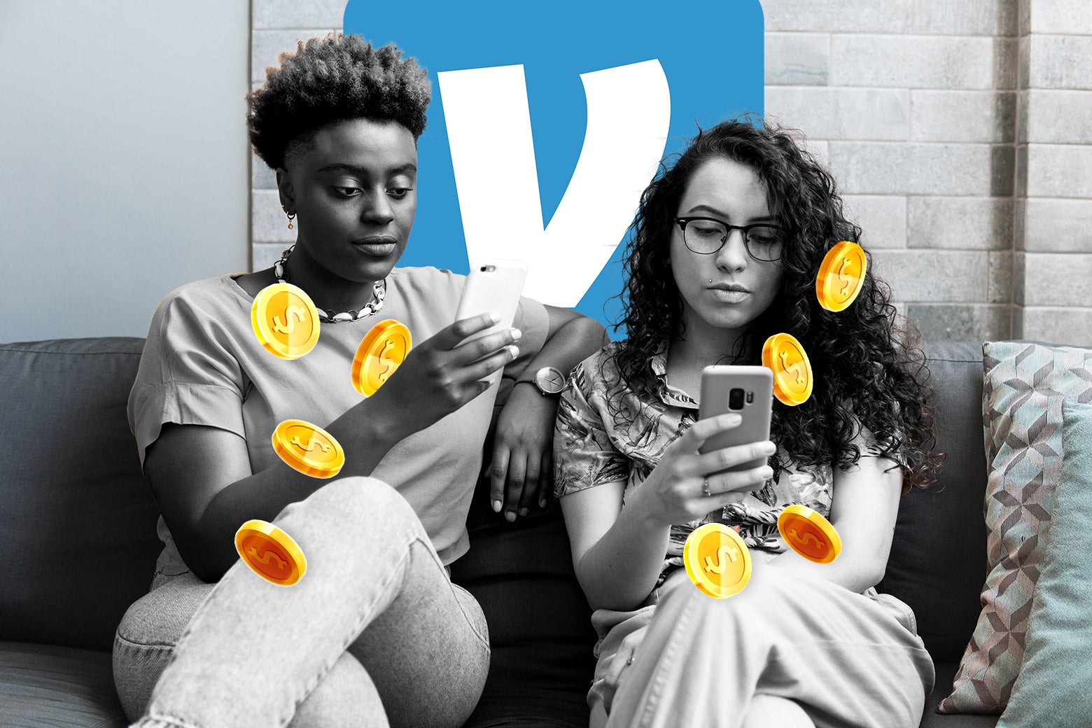 Two people sit next to each other holding their phones while coins float in front of them and a Venmo logo hangs in the background. 