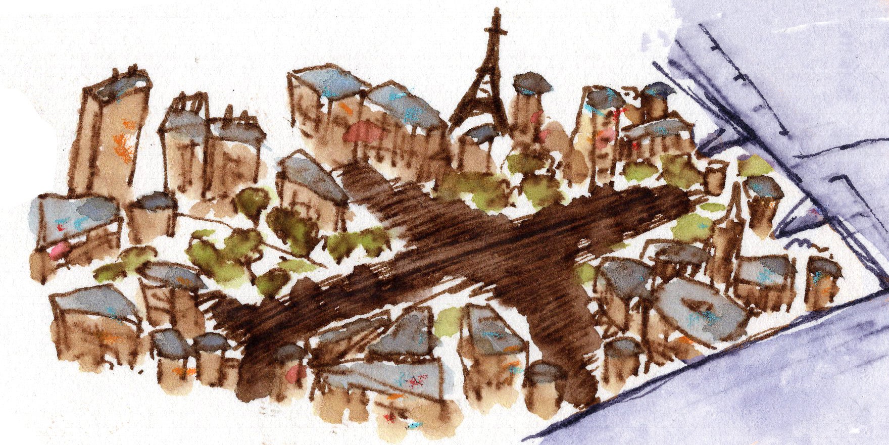 An illustration depicts a shadow of an airplane over a Paris neighborhood, with the Eiffel Tower in the background.