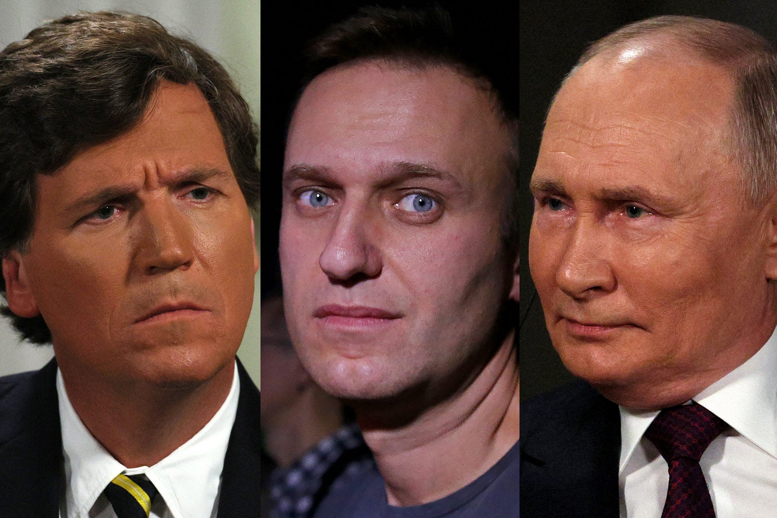 A triptych of Tucker Carlson, Alexei Navalny, and Vladimir Putin.