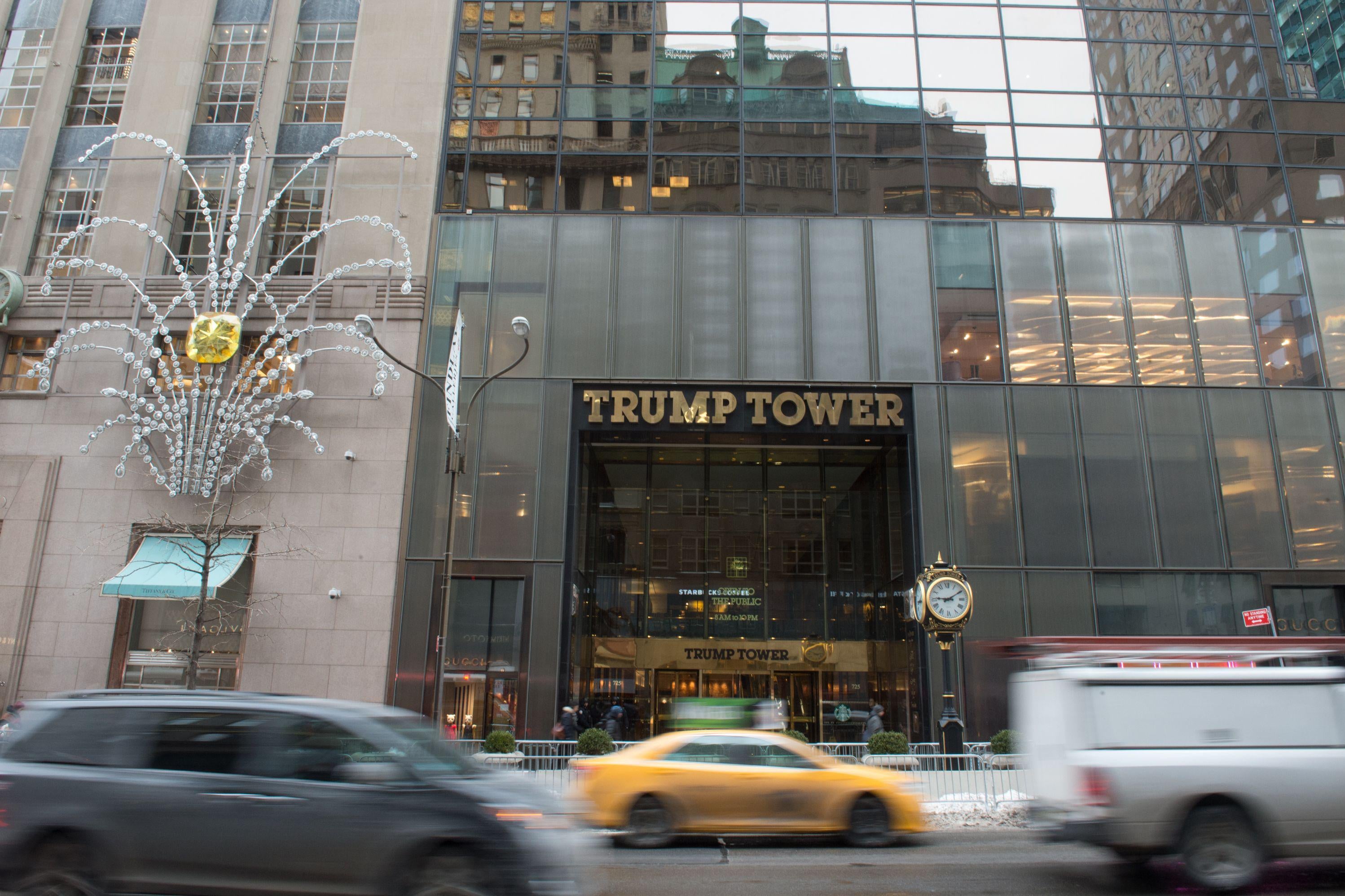 Cars drive past the front of Trump Tower on Fifth Avenue on January 8, 2018 in New York.
A fire in the Trump Tower ventilation system in New York City caused a serious injury earlier in the morning, a spokesman for the fire department said. The fire in this 58-story tower on 5th Avenue, occurred just before 7:00 am local time (12:00 GMT), in the heating system. / AFP PHOTO / Bryan R. Smith        (Photo credit should read BRYAN R. SMITH/AFP/Getty Images)
