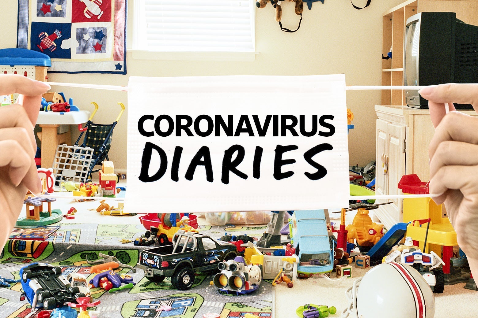 Hands holding up a mask that reads "Coronavirus Diaries," overlaid on a photo of a children's playroom