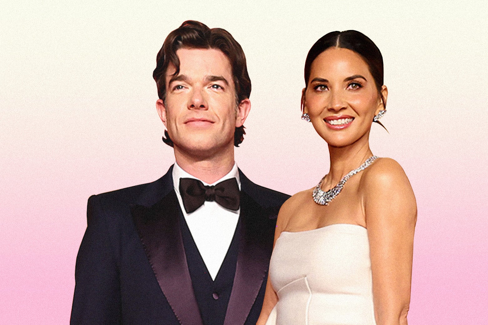 John Mulaney and Olivia Munn, against a pink gradient background.