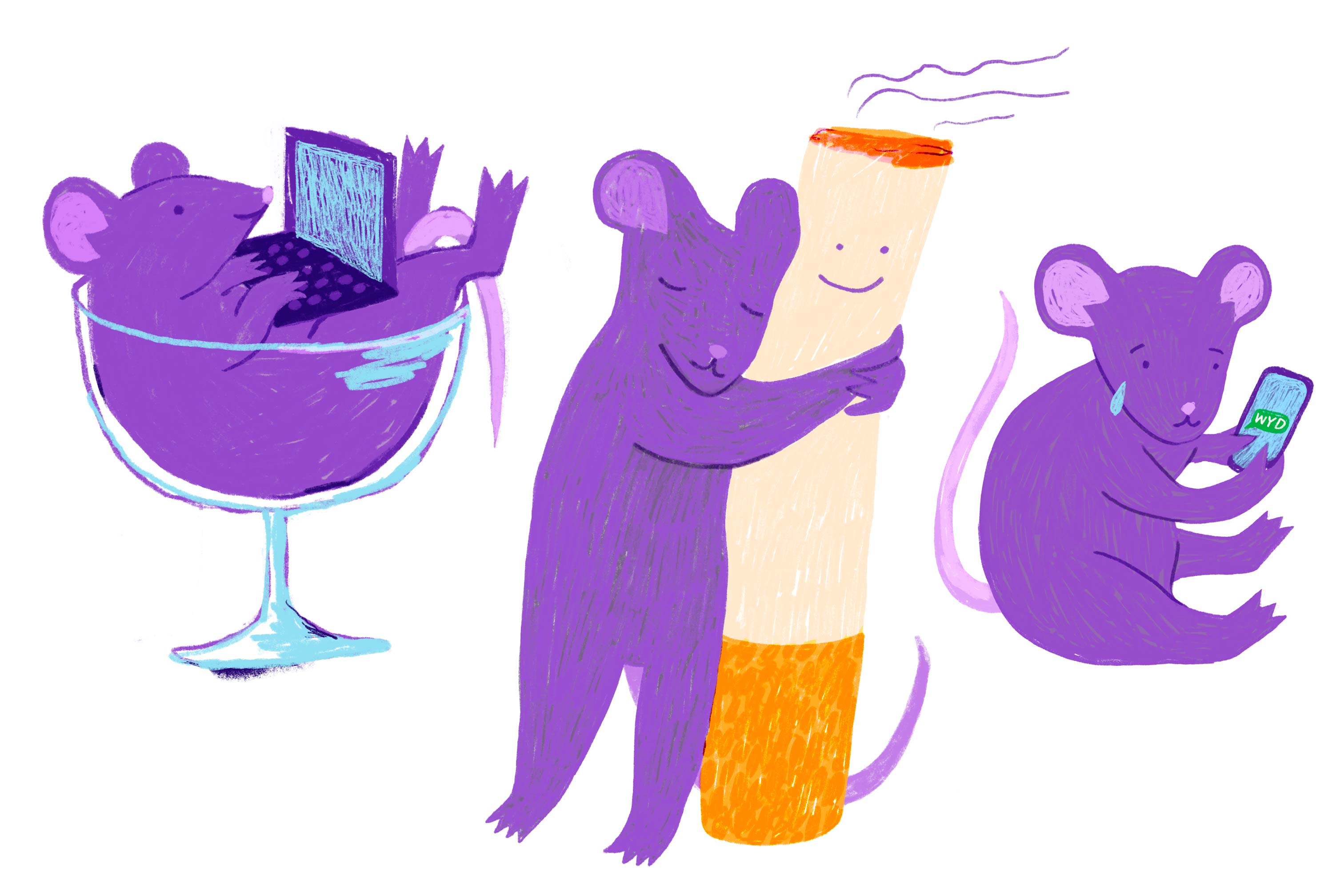 (Year of the) rat embracing vices, like occasionally having a cigarette, drinking a glass of wine while working, and reading old text conversations from exes.