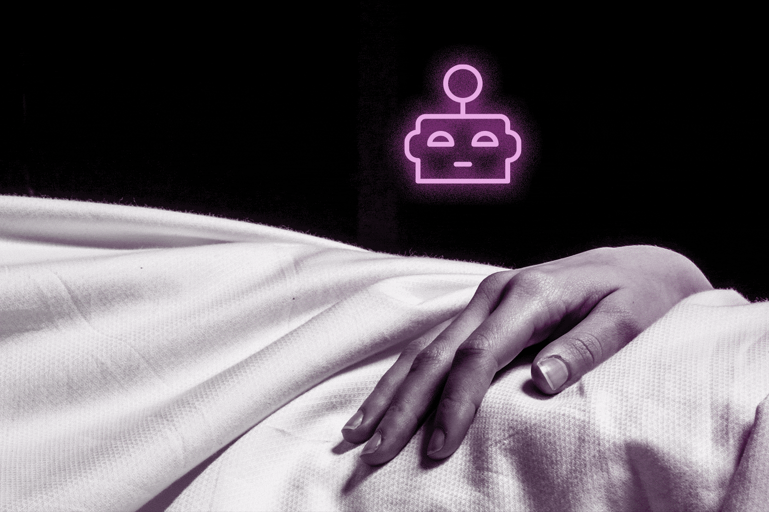 Robot emoji floating over someone's hand in bed.