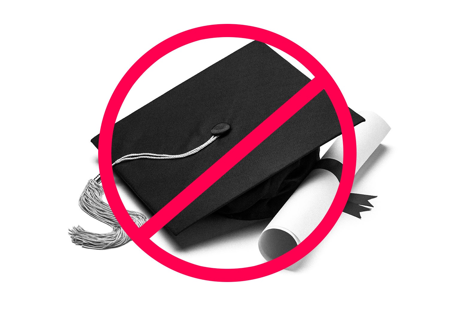 A stop sign over a graduation cap and diploma.