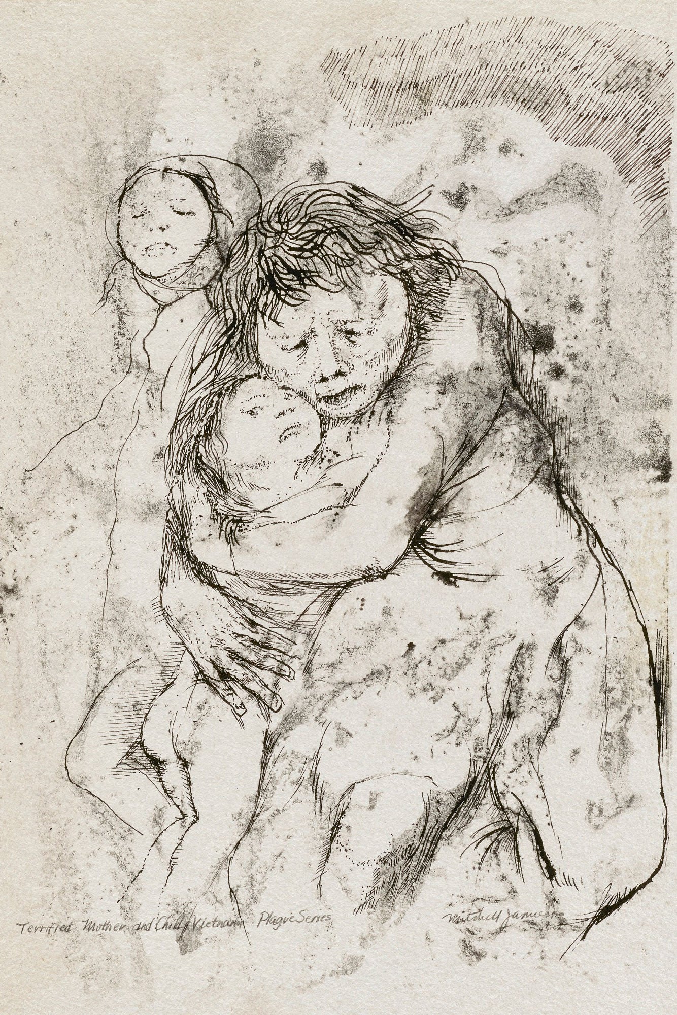 A sketch of a terrified woman reaching down to hold a naked and crying child.