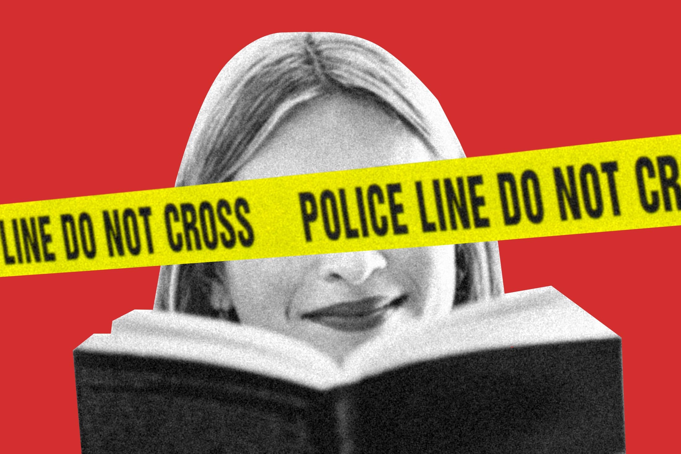 Woman smiling while reading a book with eyes obscured by caution tape.