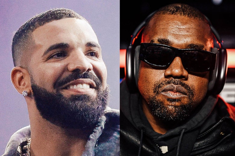 Diptych of close-ups of Drake smiling and Kanye West in shades and headphones